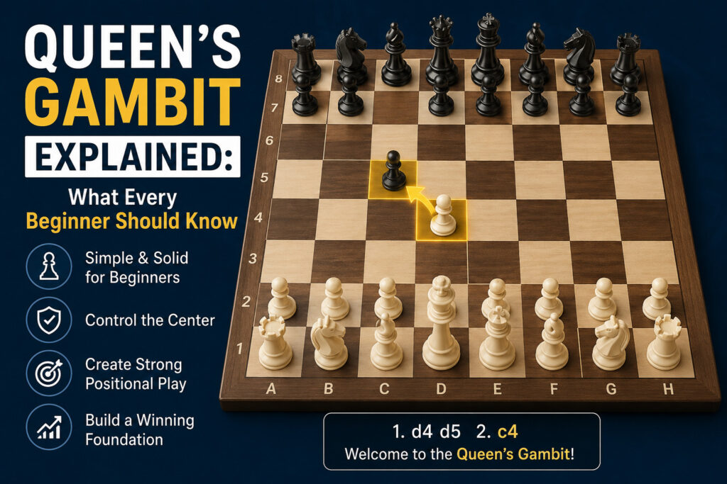 Queen’s Gambit explained on a chessboard for beginners, showing the opening moves 1. d4 d5 2. c4 and key strategic ideas.